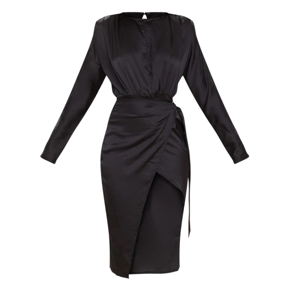 PrettyLittleThing Black Satin Wrap Skirt Backless Midi Dress